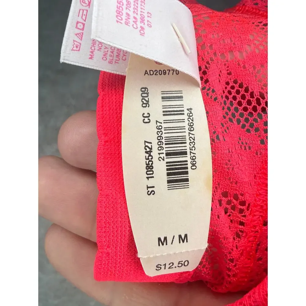 Victoria’s Secret Neon Coral Lace Mesh Thong Panty M NWT